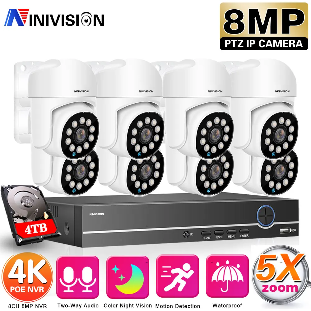 4K POE PTZ CCTV Camera Security System Kit 8CH 8MP POE NVR System 5x Zoom Two Way Audio IP Camera Video Surveillance Set ICSEE