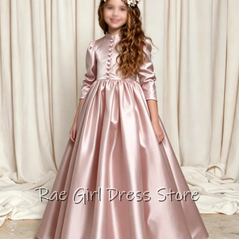 Customized Modest Flower Girl Dress Wine Red Satin High Collar Buttons 3/4 Sleeves A-line Floor Length Kids Gown