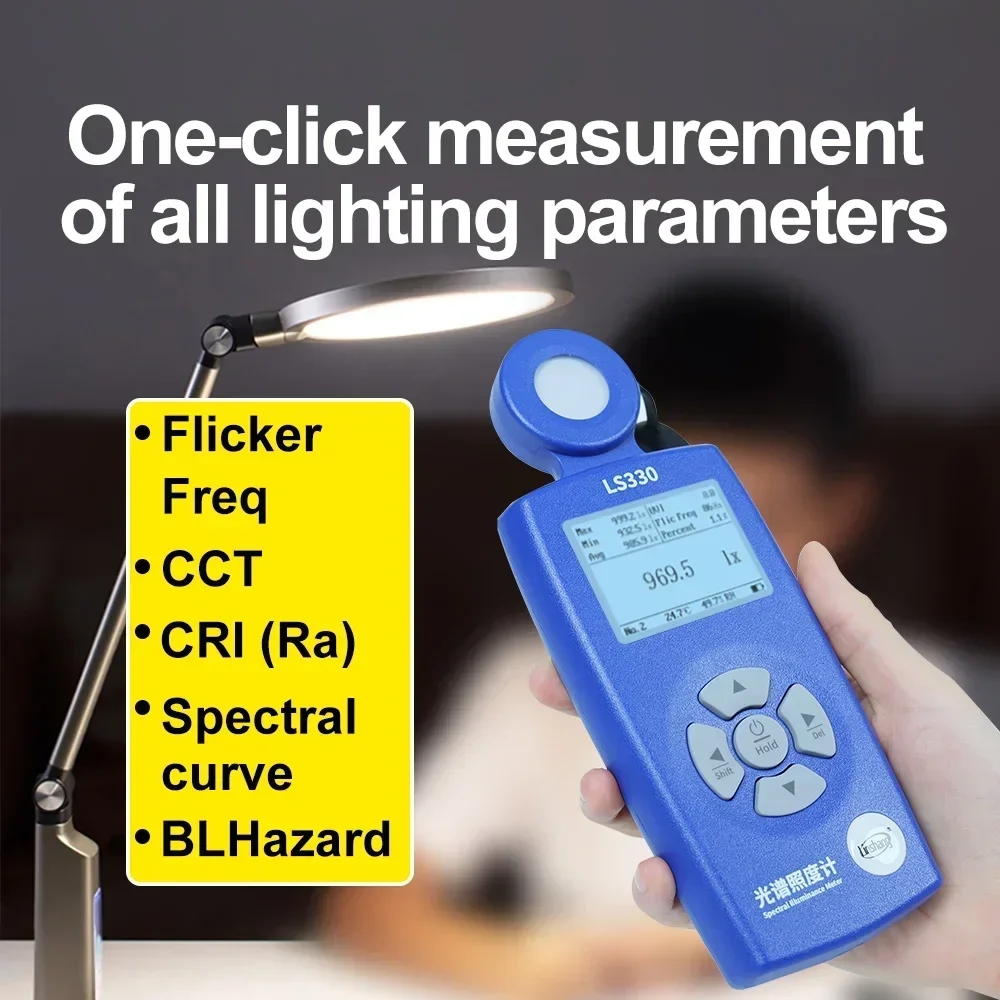 LS330 Spectral Illuminance Meter Luxometer Light Meter Digital CCT UVI CRI Ra Lx FC Flicker Frequency