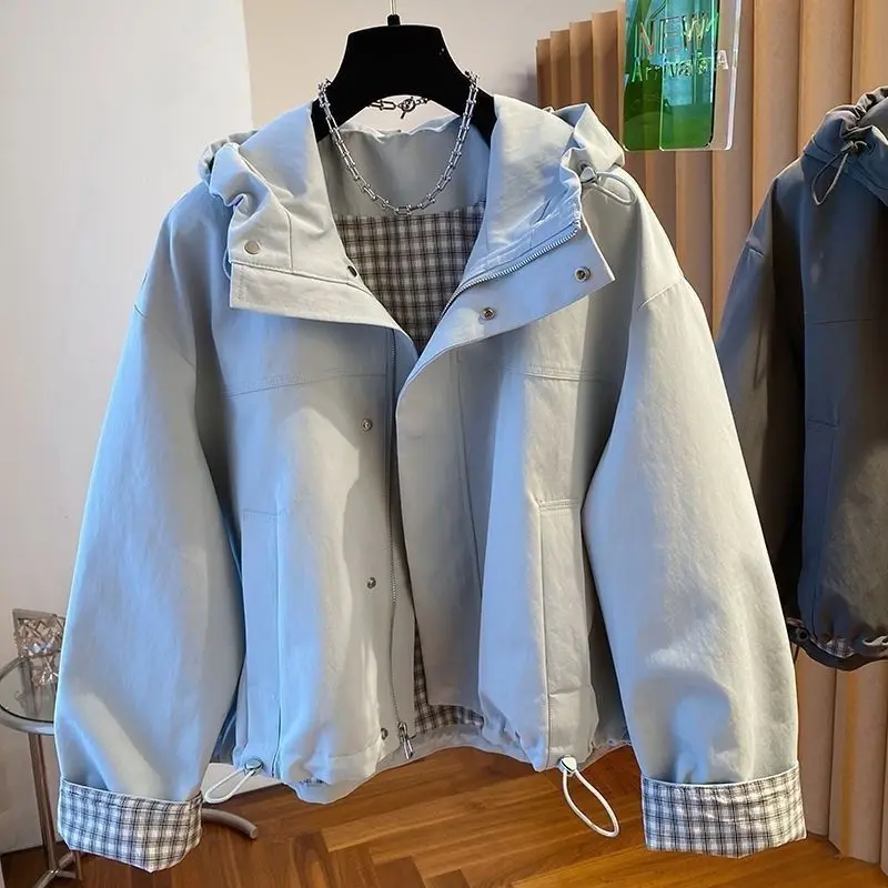 2026 New Loose Plaid Lined Light Blue Hooded Jacket Women's Spring Autumn Short Super Popular Workwear Top Polyester Fiber