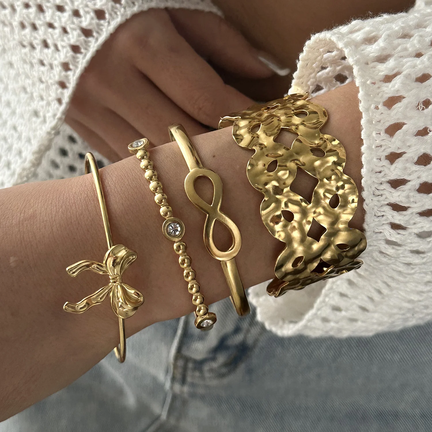 Punk Metall Edelstahl Armbänder Set Für Frauen Böhmen Herz Aushöhlen Offene Einstellbare Manschette Armreif Gold Farbe Schmuck Geschenke – Detail 22