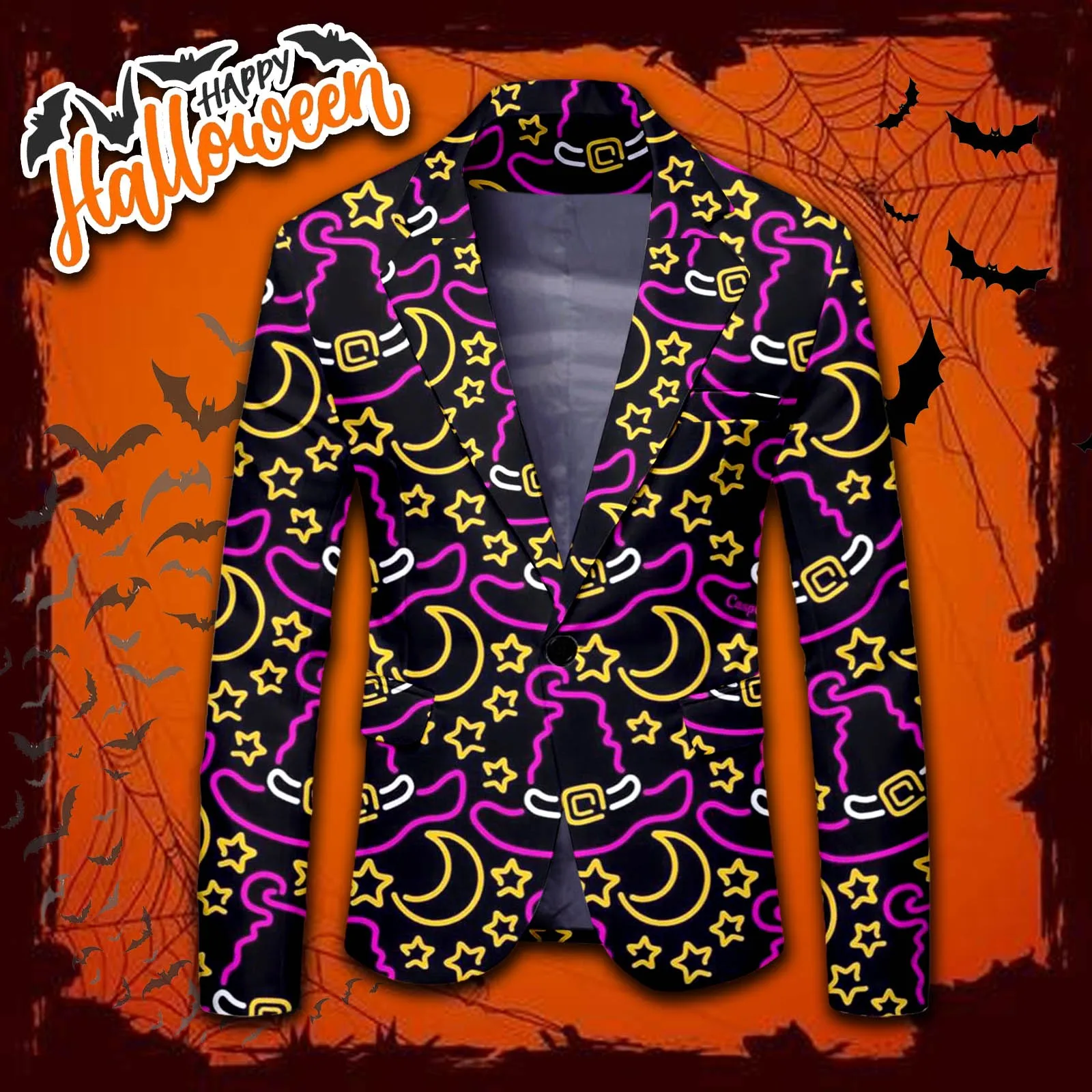 Halloween Theme Pumpkin Print One Button Suit Autumn Long Sleeved Cosplay Jacket Casaul Lapel Neck Pocket Blazer for Men