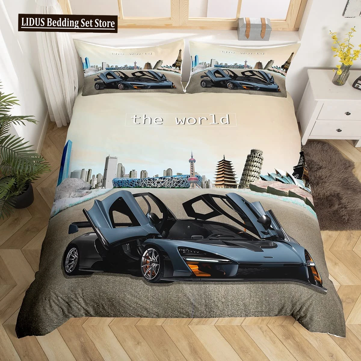 

Race Car Duvet Cover Set Queen Size 3D Car Print Bedding Set Stylish Decor Boys Sport Comforter Cover Speed Sports Car Quilt Set