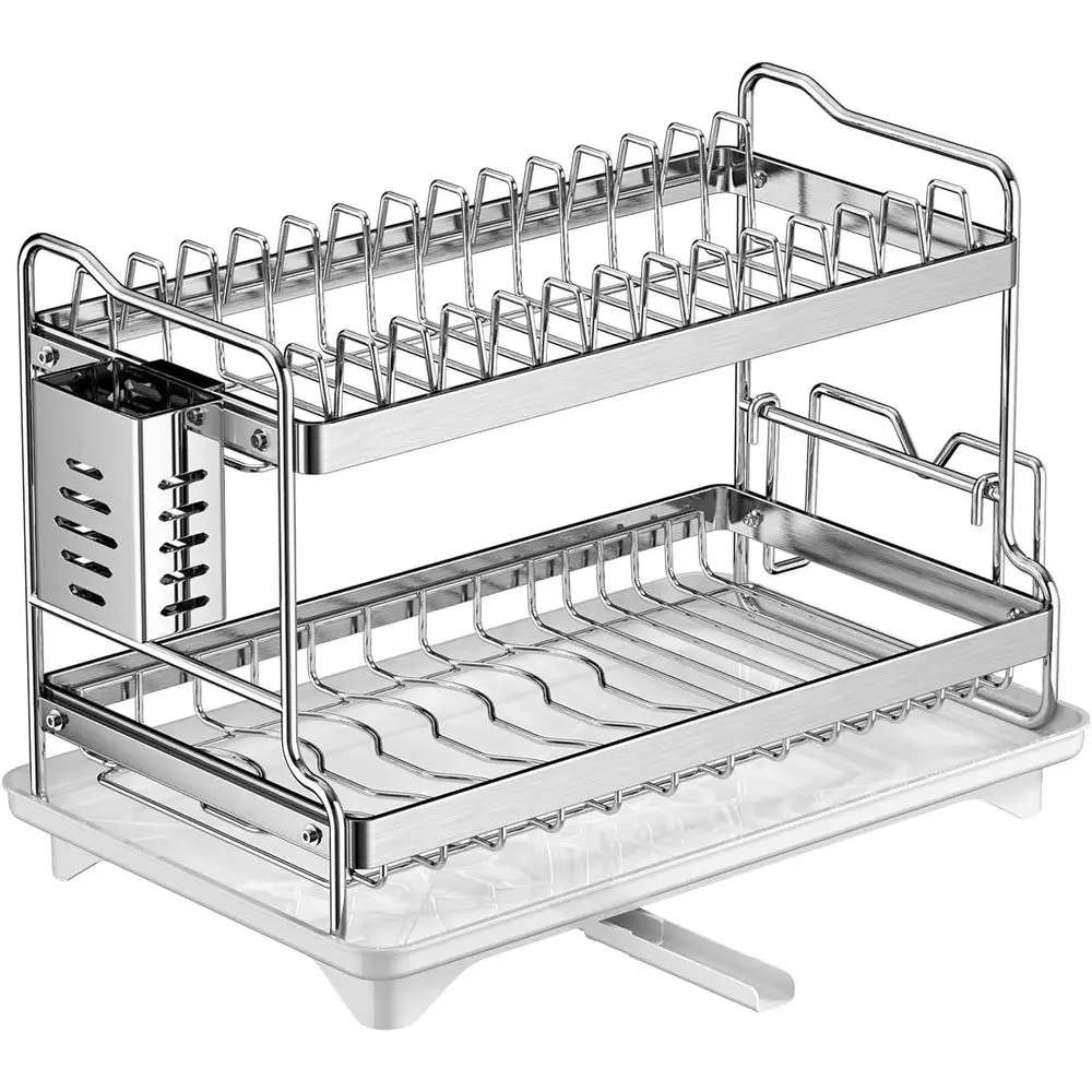 

Double Layered Kitchen Organizer with Drainage, Large Bowl Rack and Storage Rack