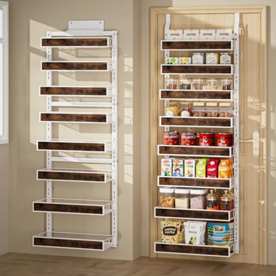 

8 Tier Over The Door Pantry Orangizer 2 IN 1 Wall Mounted or Hanging Spice Rack with Adjustable Wood Basket, Heavy Duty Seasoni