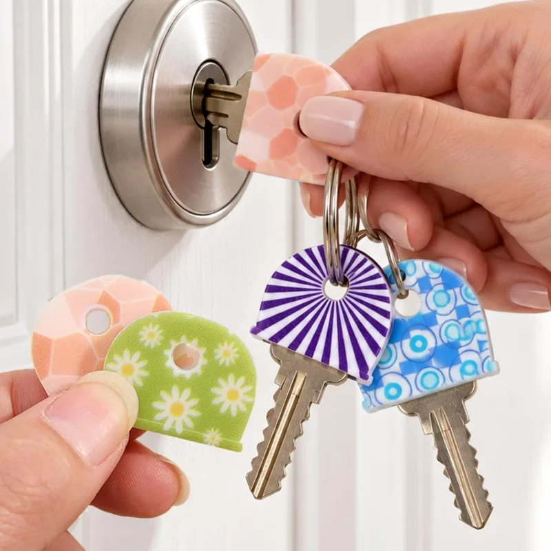 6-60pcs Silicone Key Identifier Colorful Round Flower Pattern Key Marker Tags Caps Non Slip Key Protective Cover Holders