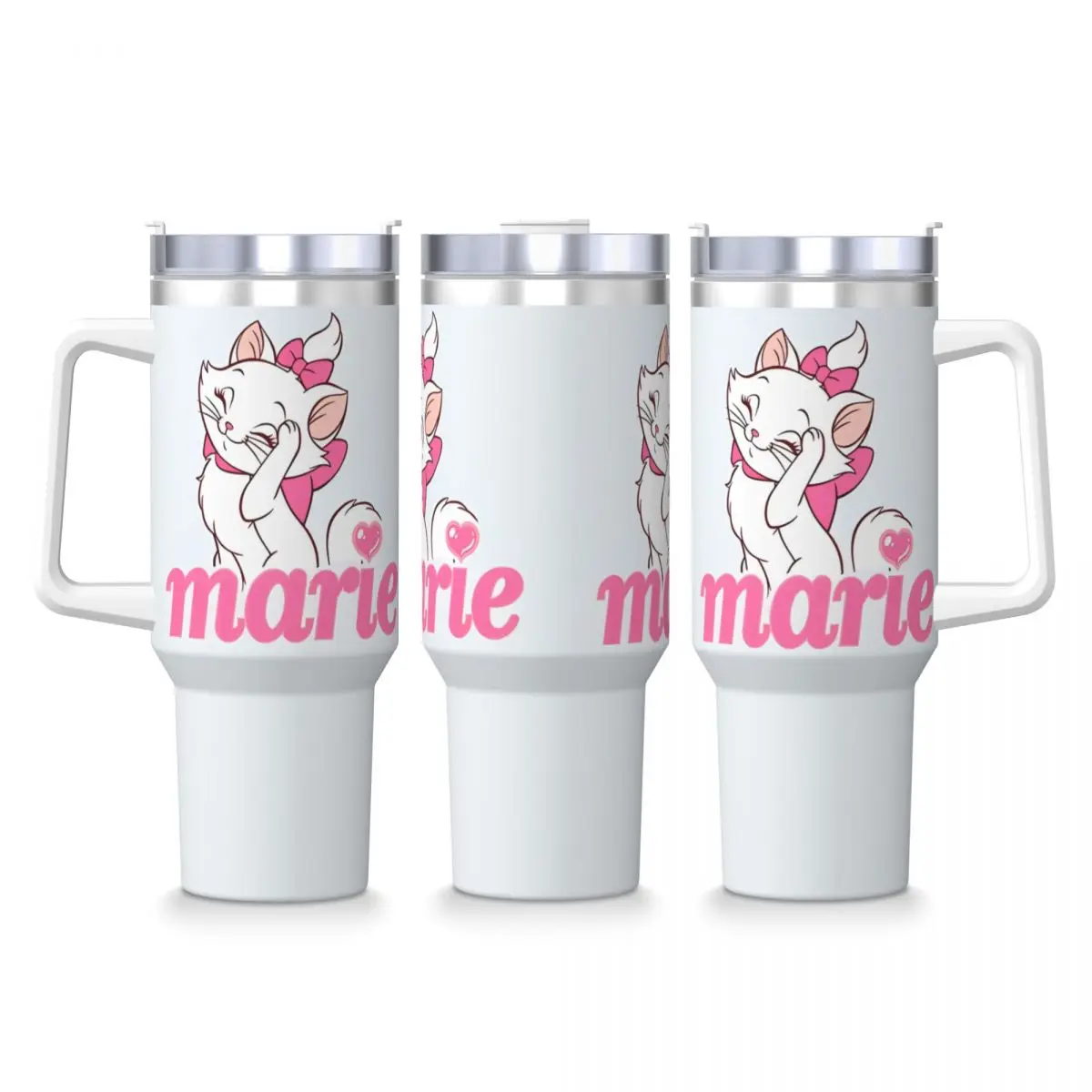 Cartoon Pink Marie Cat Stainless Steel Tumbler Kawaii Driving Coffee Mug With Straws and Lid Mugs Cold and Hot Water Bottle