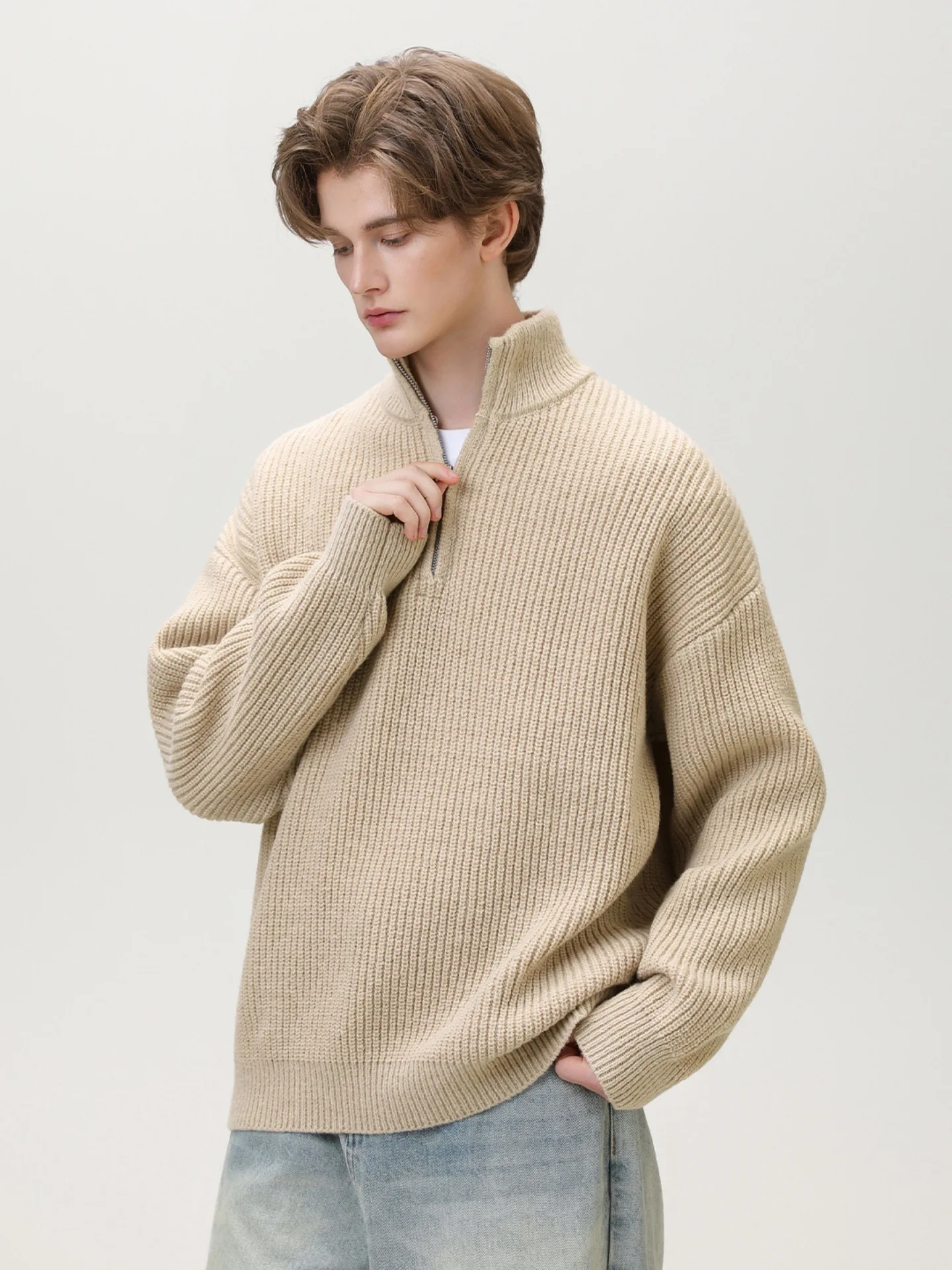 

Men's Heavyweight Half Zip Sweater Stand Collar Solid Color Relaxed Fit Streetwear Fall Winter Luxe Knit Top