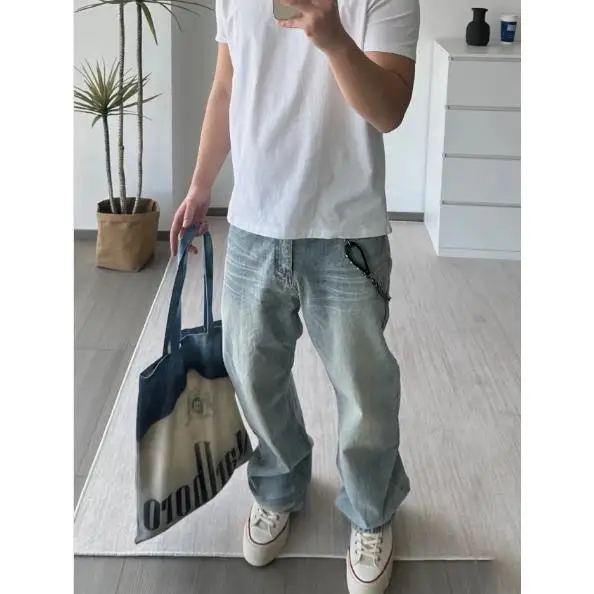 Calças Jeans Flare de Cintura Alta MKDP Vintage Lavadas Azul Gelo Versáteis com Perna Reta para Homens e Mulheres Calças Casu...
