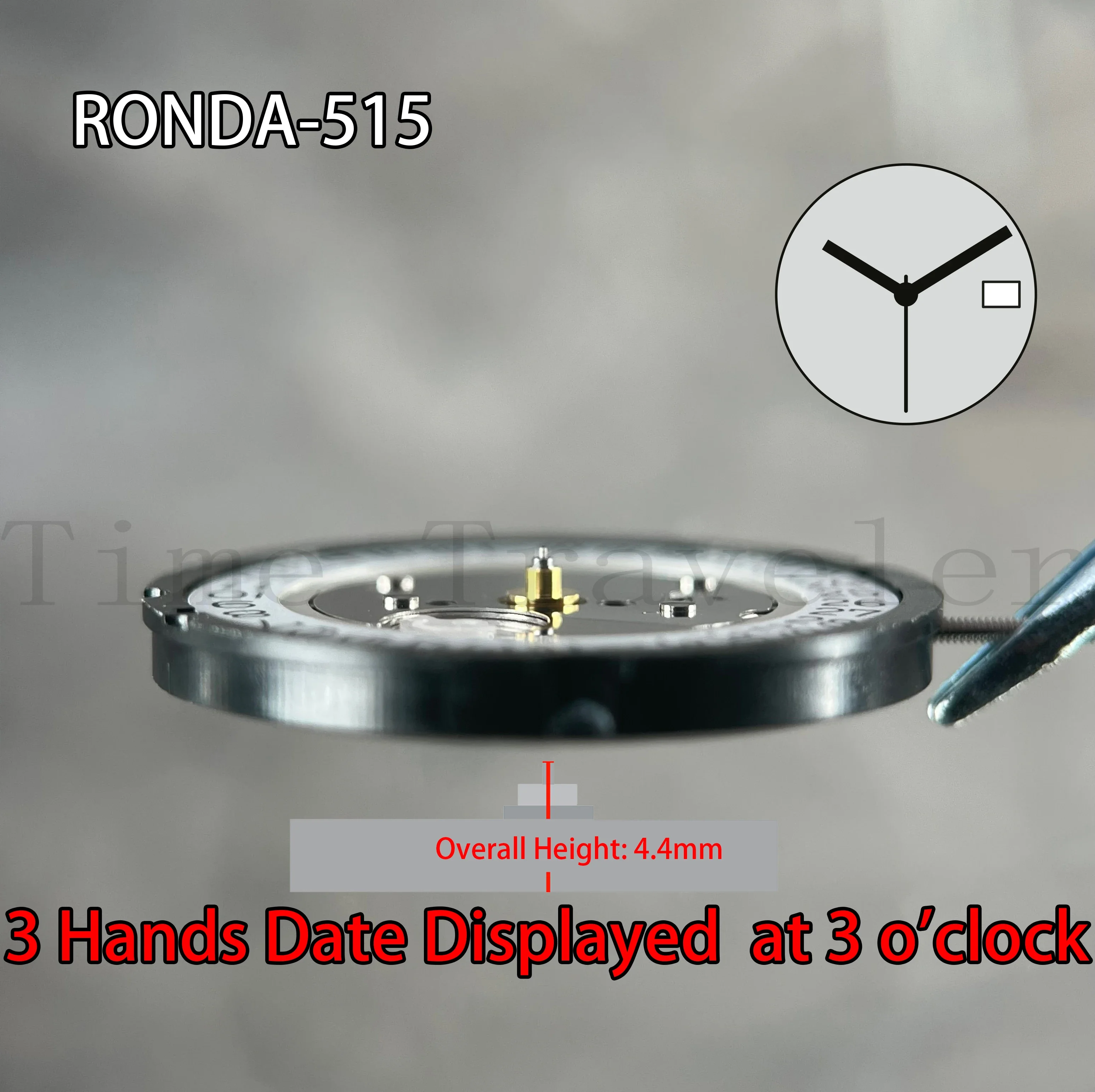 515 ruch kwarcowy RONDA RONDA-515-3 powertech rozmiar 3mm 11 ½ \'\', 25.60mm data z 3 rękami wyświetlana na godzinie 3