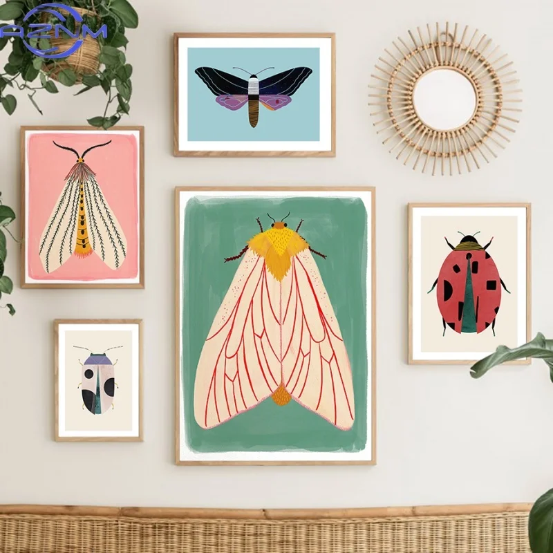AZNM Butterfly Wall Art Ladybug Tiger Moth Beetle Feather Canvas Painting Nordic Poster Printing Wall Picture Room Decoration