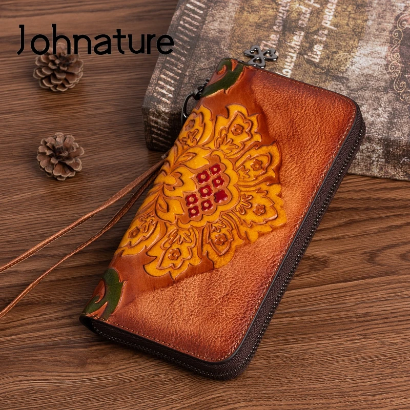 Johnature Genuine Leather 2024 New Purse Retro Embossed Women Large Clutch Wallet Soft Cowhide Long Zipper Wallets Card Holder