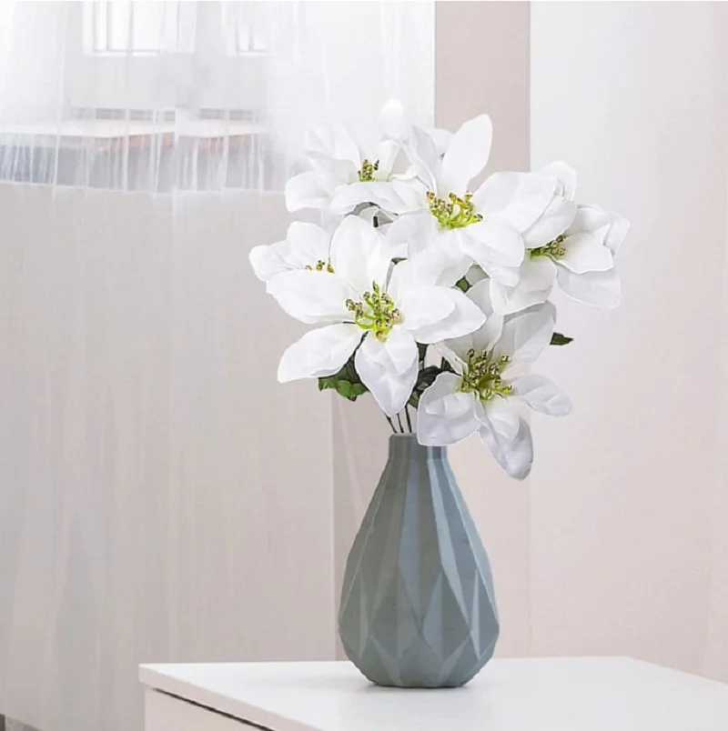 4 قطعة شجيرات البونسيتة الاصطناعية ، فو 7 رؤساء الحرير البونسيتة الاصطناعية زهرة عيد الميلاد باقة زهرة البونسيتة الحمراء #4