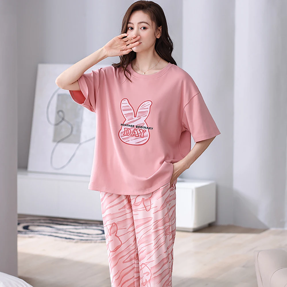 M-2XL 100% Cotton Breathable Pajamas Set 2024 Summer Short Sleeve Sleepwear Sweet Lovely Cartoon Pajama Leisure Soft Home Wear
