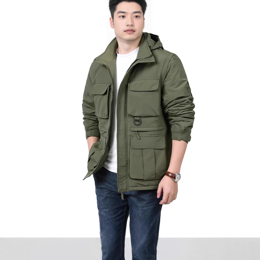 New Autumn And Winter Thickened Jacket Men's Hooded And Sleeved Multi-pocket Tooling Jacket Simple Casual Outdoor Jacket