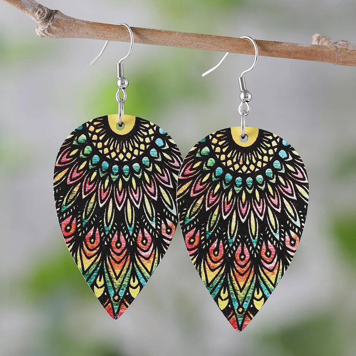 western ethnic style flower leaf tree texture water drop pendant earrings wooden double-sided earrings gift