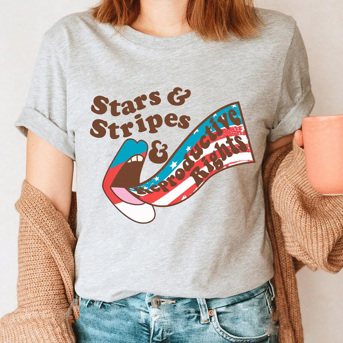 

colored Stars Stripes and Reproductive Rights tshirt vintage women short sleeve graphic Pro-Choice tee shirt