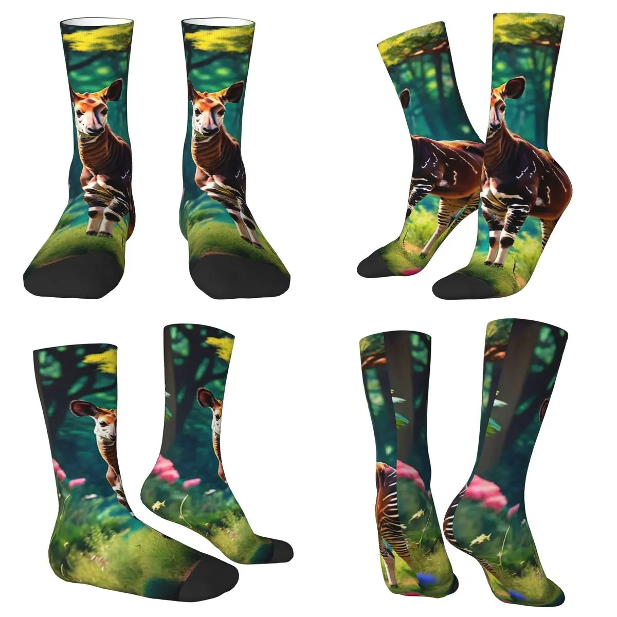 All Seasons Crew Stockings Okapi Animalier On Grass Vintage Socks Casual Long Socks for Men Women Valentine's Day Gifts