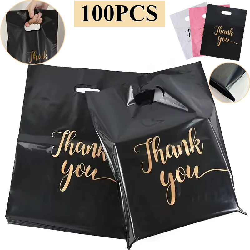 

100PCS Black Thank You Bag Plastic Handheld Thank You Gift Packaging Anniversary Christmas Birthday Wedding Party Decoration 꾸러미