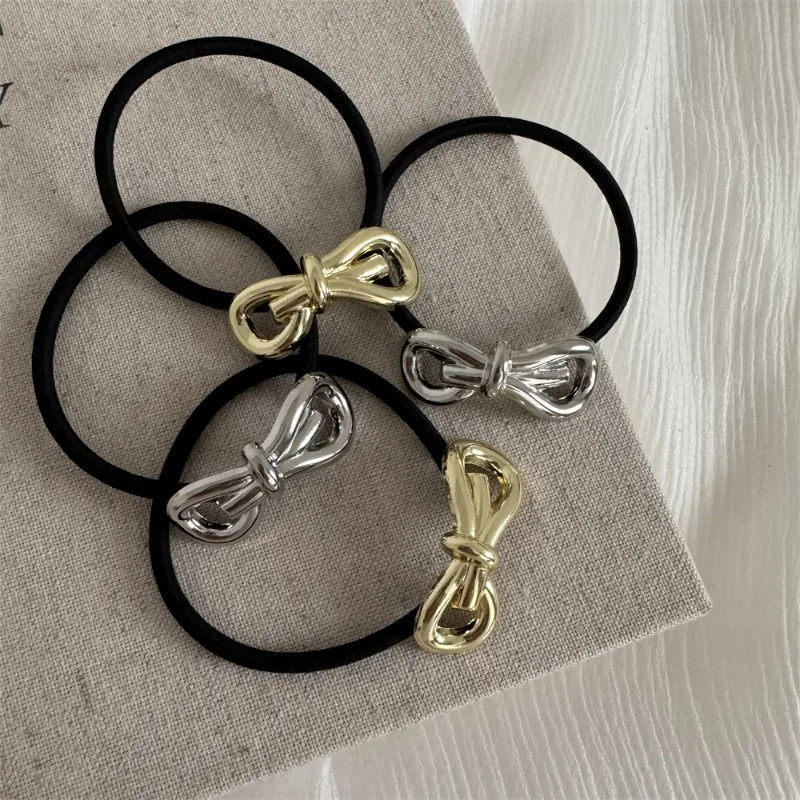 Metal Three-Dimensional Bow Hair Rope Simple Temperament Basic Rubber Band Advanced Cold Wind Hair Band Hair Rope New