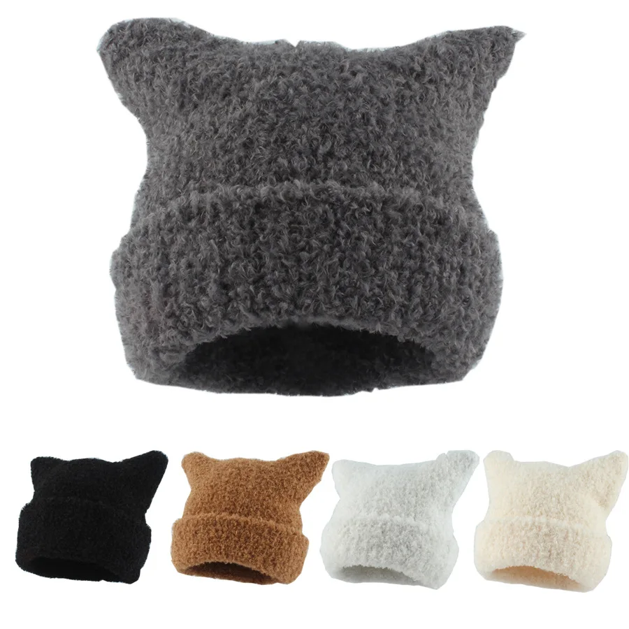 New Autumn Winter Warm Hat For Women Cute Cat Ear Beanies Cap Girls Solid Color Thick Fannel Skullies Hat Outdoor Bonnets Gift