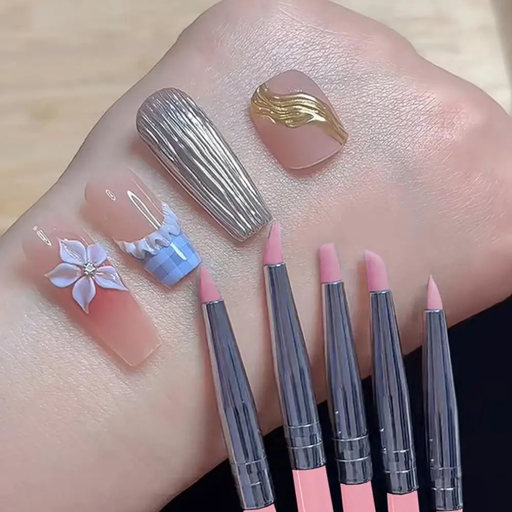 5개 세트 실리콘 네일 아트 펜 브러쉬 UV 젤 폴리시 팁 3D 이미지 DIY 도트 폴리시 브러쉬 조각 펜 DIY 매니큐어 도구
