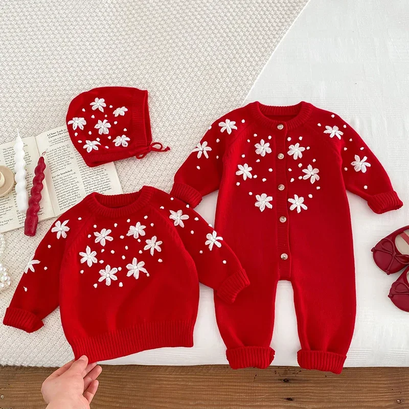 

2024 New Autumn Newborn Baby Girls Knitted Bodysuits Long Sleeved Floral Infant Baby Jumpsuit+Hat Children Knitting Clothes