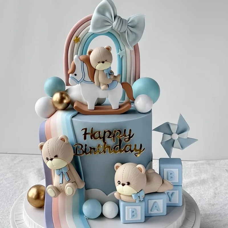 Pink & Blue 3D Bear Cake Topper with Big Rainbow Letter for Baby Shower Bear Decorations Boy Girl Happy Birthday Party Supplies image 2