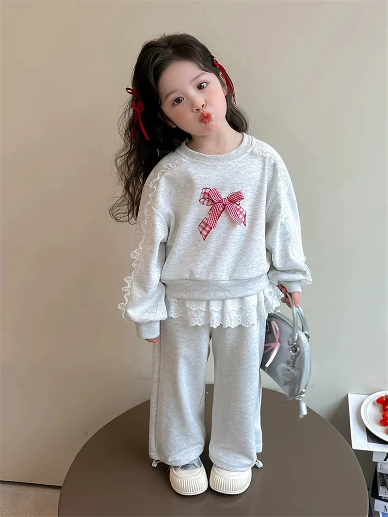 

Spring Girls Sweet Sets Autumn Children Cotton Lace Long Sleeve Bow Sweatshirt 2 Piece Suit Kids Sports Loose Tracksuit Outfits