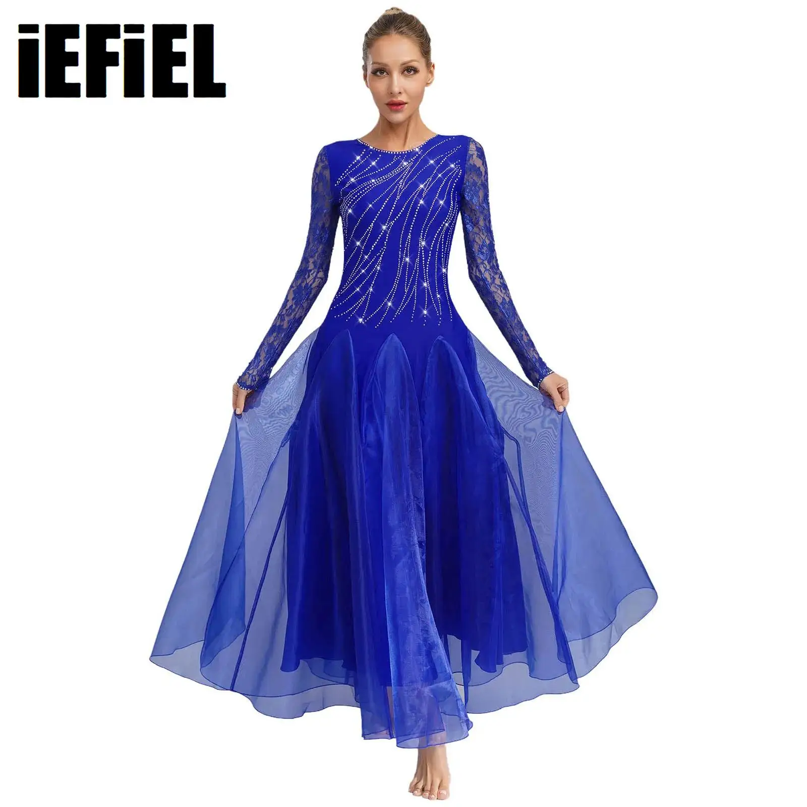 

Women Ballroom Dance Dresses Glittery Rhinestones Floral Lace Long Sleeves Round Neck V-Back Wide Hemline Flared Dress