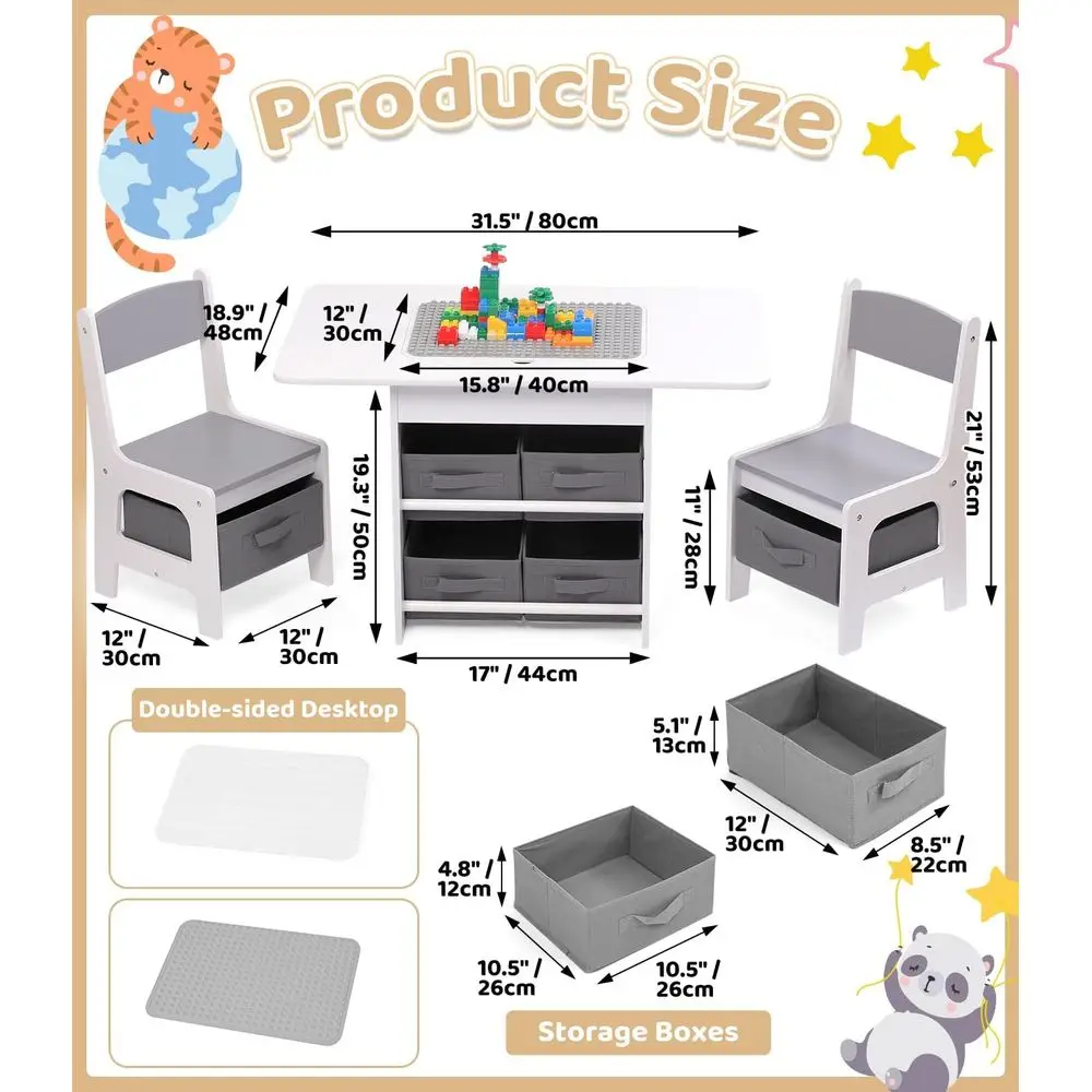 Gray 2-in-1 Kids Table with 2 Chairs and Storage, Building Blocks Compatible Activity Set for Boys & Girls