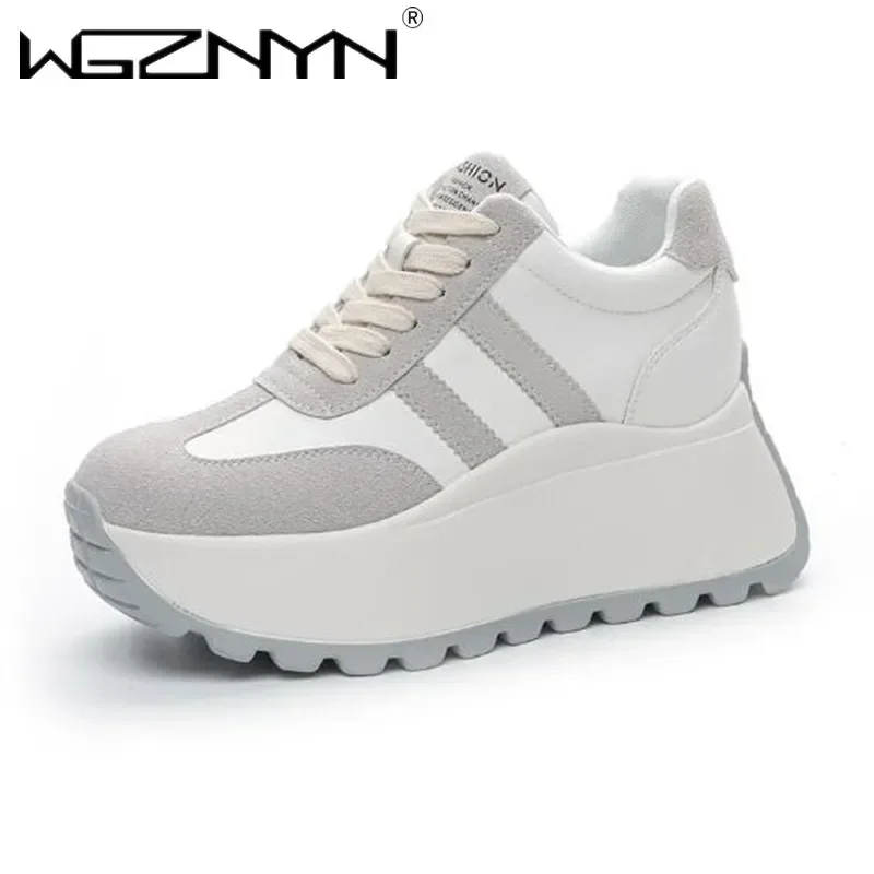 

Top Quality Genuine Leather Platform Wedge Women Spring Autumn 8cm Chunky Sneakers Shoes Breathable Comfortable Vulcanize Boots