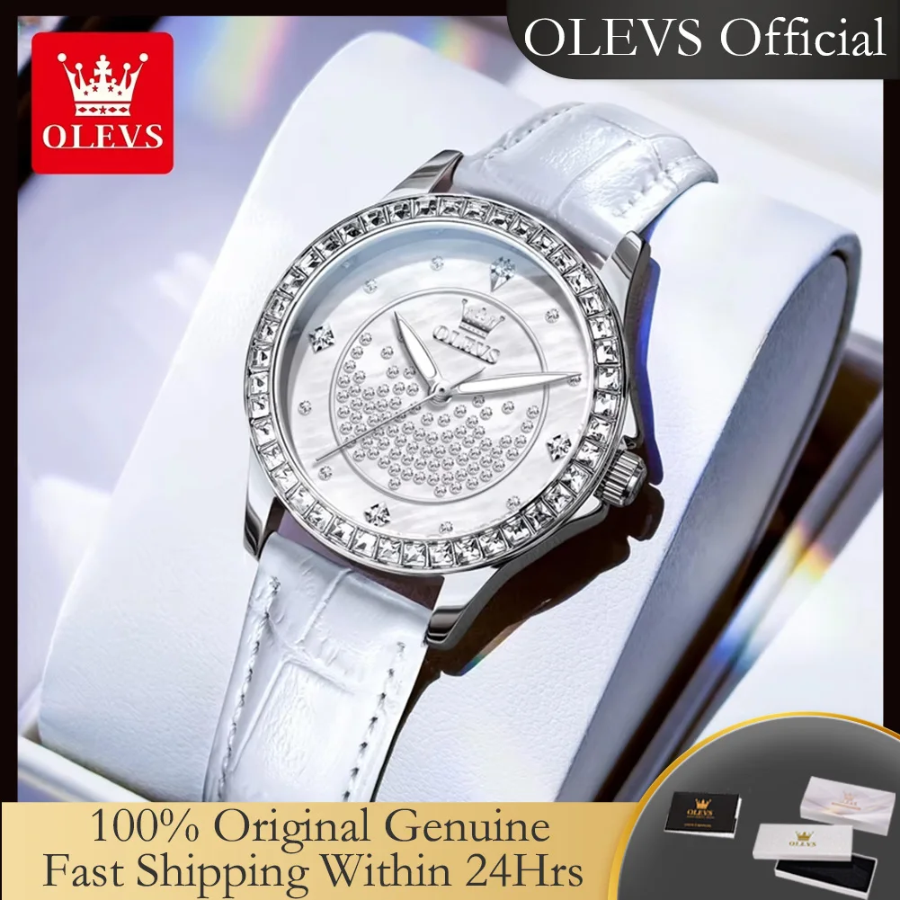 OLEVS 3715 Quartz Watch for Woman Fashion Leather Strap Waterproof Elegant Full Diamond Luxury Original Ladies Dress Wristwatch