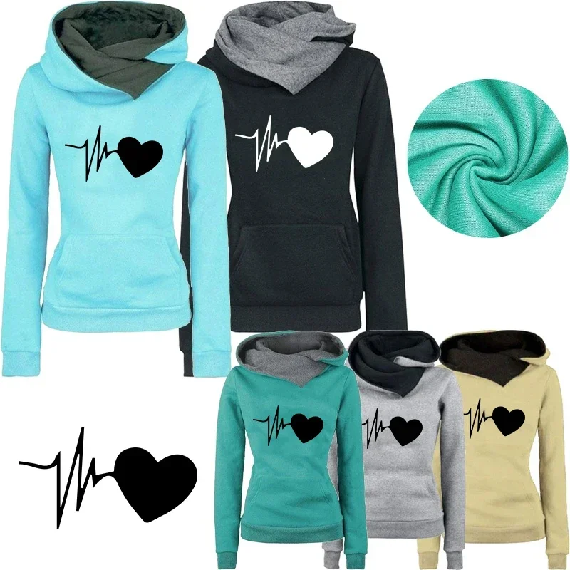 

2024 Spring Autumn Fashion Women Hoodies Love Heart Printed High Collar Long Sleeve Hooded Sweatshirts Female Casual Pullover