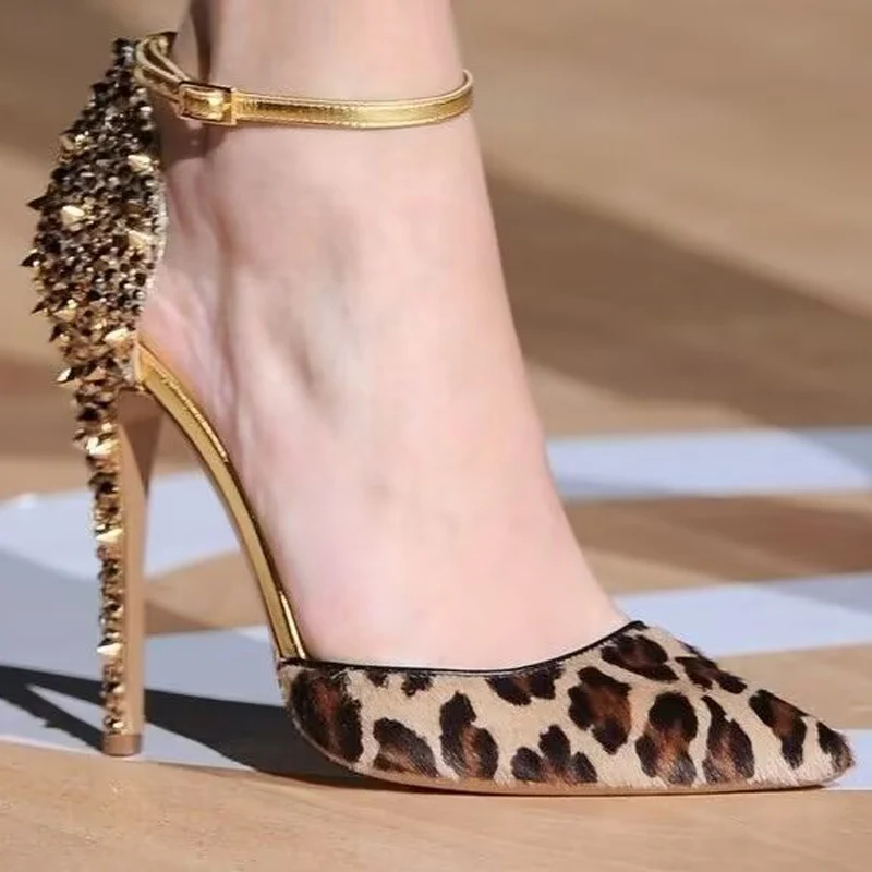 

Sexy Leopard Horsehair Back Spikes Sandals Rhinestone Gold Rivets Studs Stiletto High Heel Ankle Strap Banquet Runway Shoe Woman