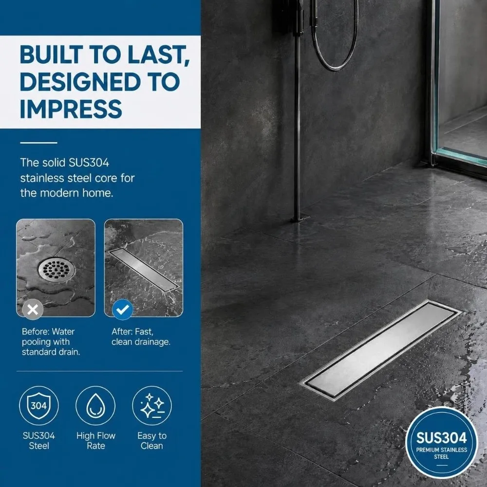 Rectangular Linear Floor Drain Hidden SUS304 Stainless Steel Shower Drain Double Layer Filter Odor Proof Floor Drain Bathroom