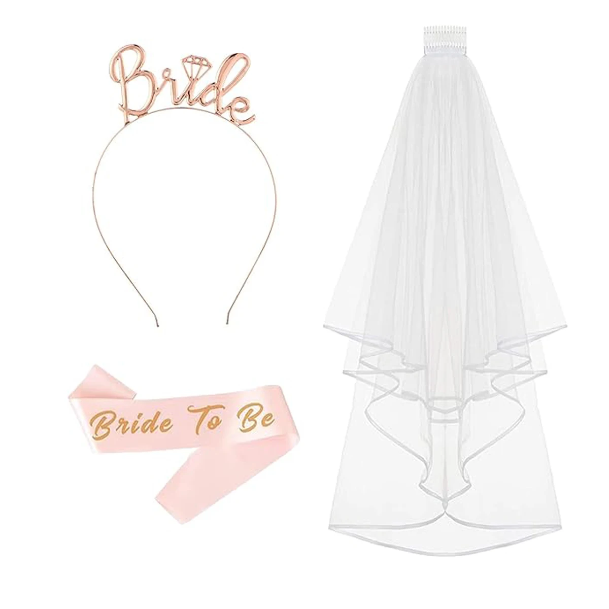 3-piece set White Bride Wedding Veil Bridal Tulle Veil Two-Layered Bridal Veil for Weddings Proposals and Bachelorette Party