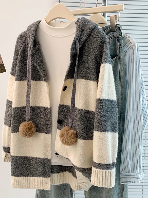 

Loose Casual Lazy Sle Striped Hooded Open Cardigan Sweater Women's Autumn Winter New Faion Korean Loose Fit Versatile Hoodie