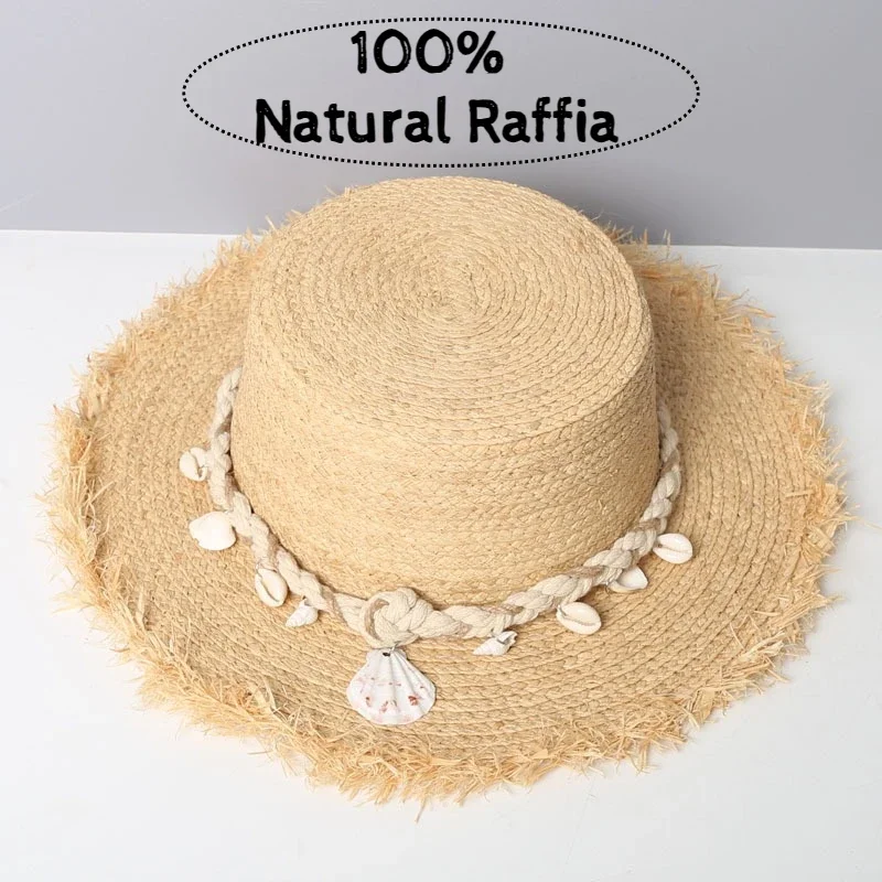 Summer 100% Raffia Straw Sun Hats with Shell Trim for Vacation Women Beach Hat Female Korean Travel Sun Protection Flat Hat