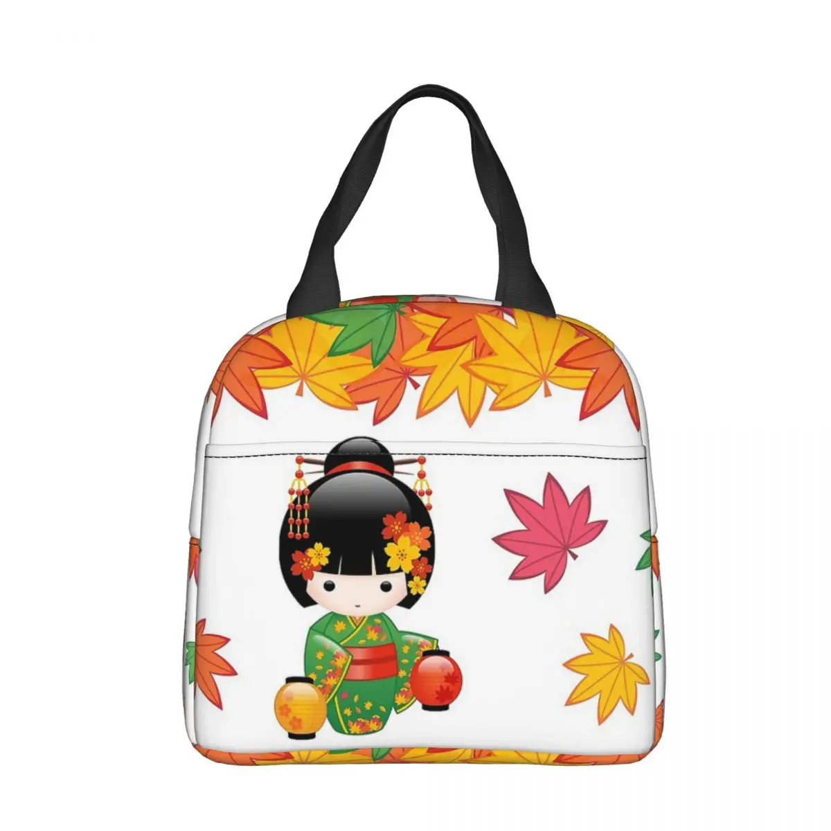 Japanese Fall Kokeshi Doll Insulated Lunch Bag Portable Lunch Container Thermal Bag Tote Lunch Box Work Picnic Girl Boy