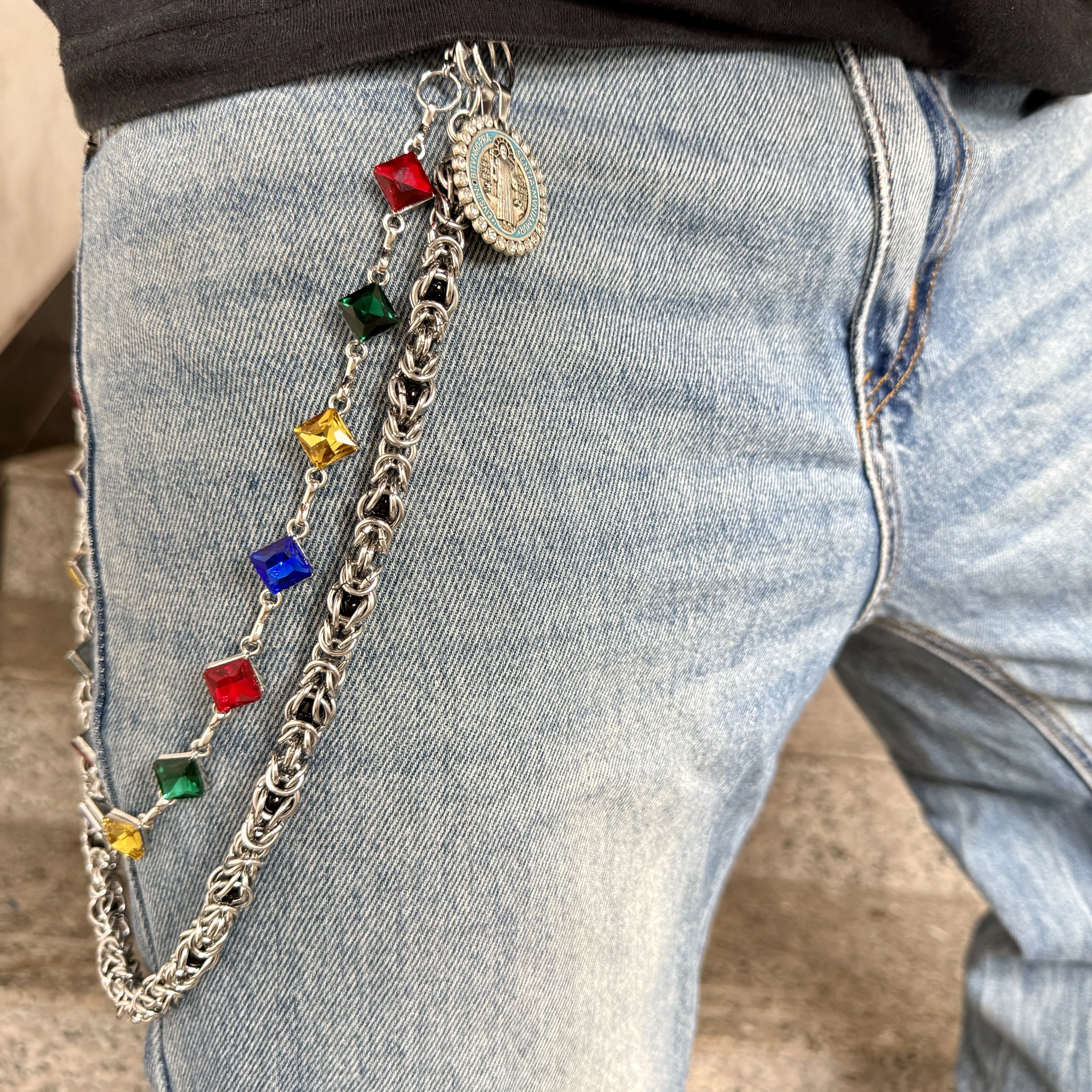 New punk style pants chain, handmade stainless steel chain clip bead design, fashionable waist accessory