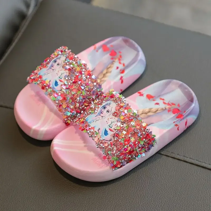 Disney elsa frozen Princess Children's Slippers Summer non-slip Girls Crystal Fashion indoor home soft soles sandals