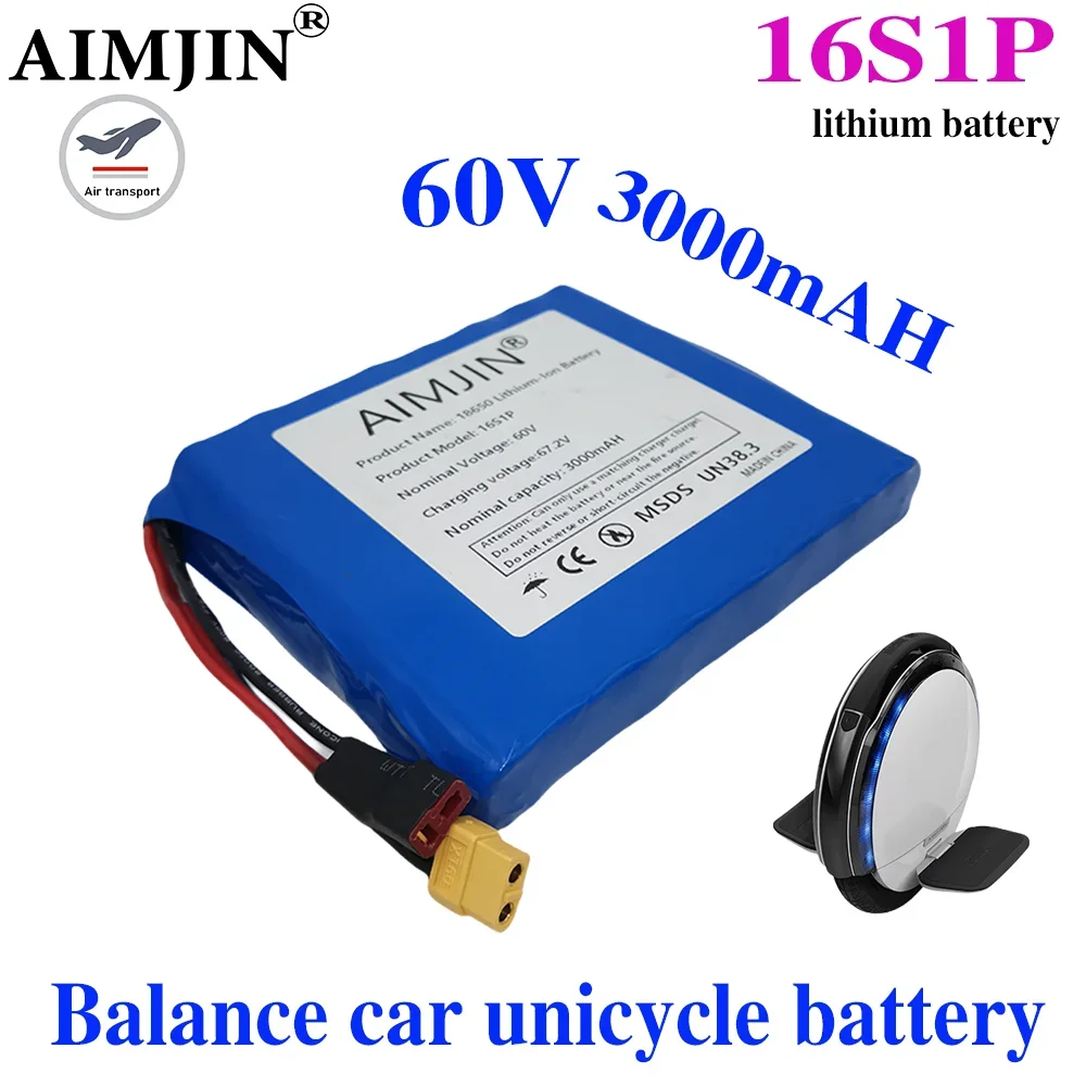 18650 16S1P 60V 3000mAh bateria de lítio com BMS para scooter de autoequilíbrio monociclo elétrico 3.0Ah bateria recarregável