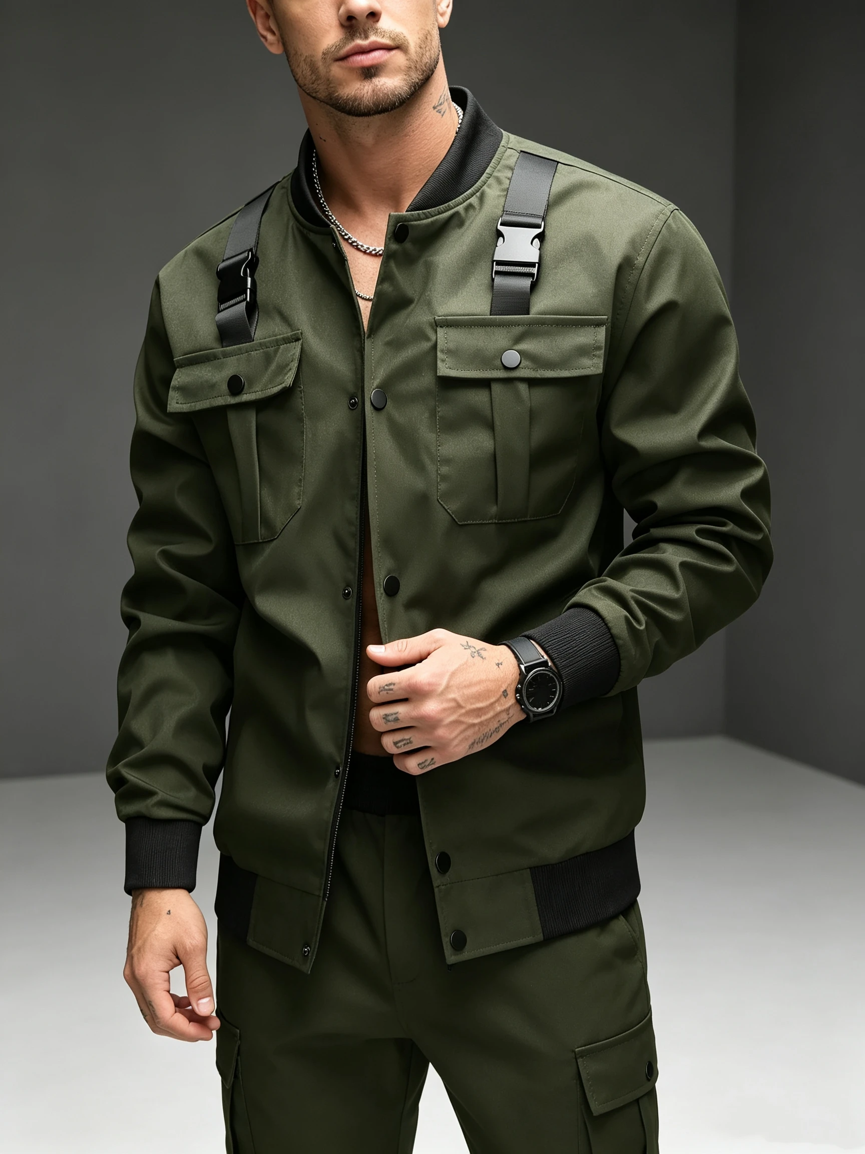 Men's Tactical Strap Bomber Jacket Stand Collar Button Down Dual Chest Cargo Pockets Windproof Streetwear Outerwear Coat