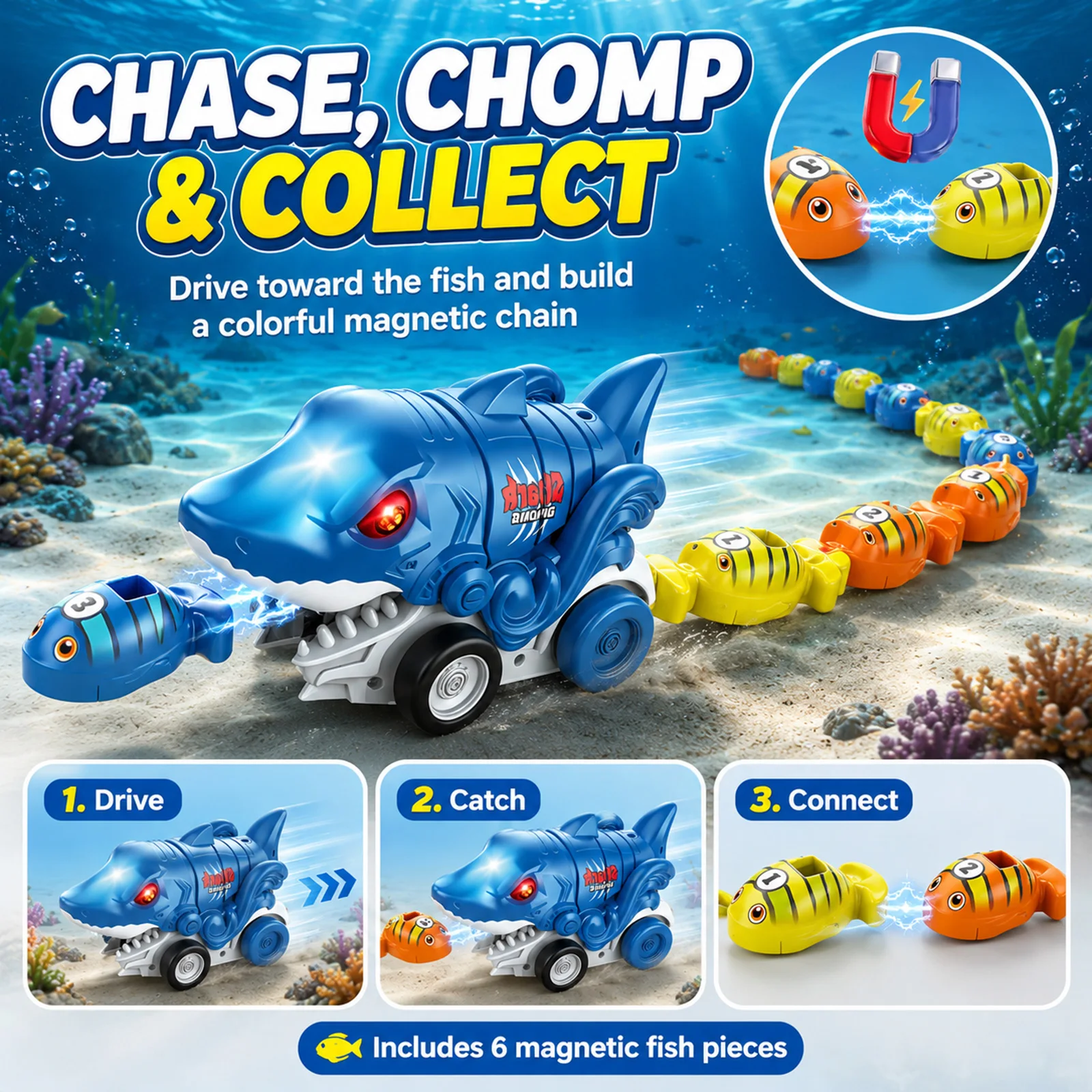 2Pcs 2.4GHz Magnetic RC Shark Chasing Battle Car, 2-Player Interactive Toy, Rechargeable Gift for Boys Kids
