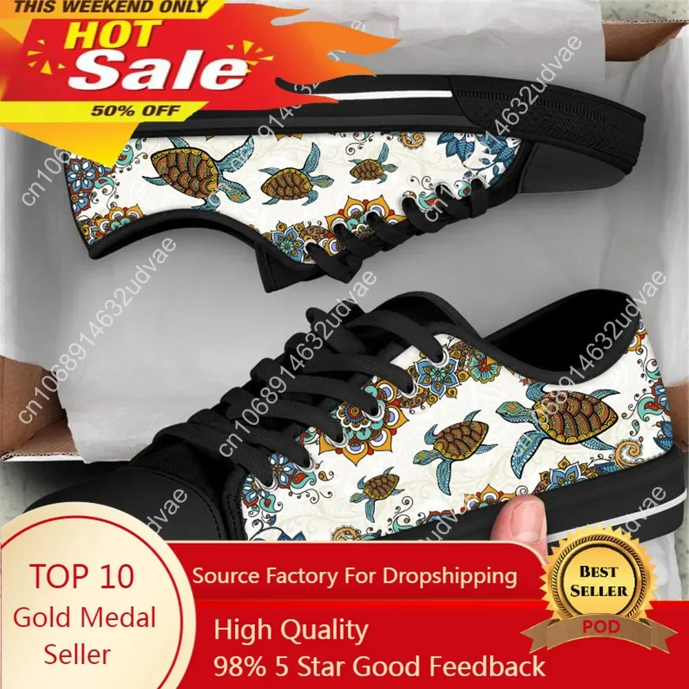 Vintage Sea Turtle Mandala Printed Flat Shoes Brand Designer Women's Vulcanized Shoes Canvas Low Top Sneakers Gifts