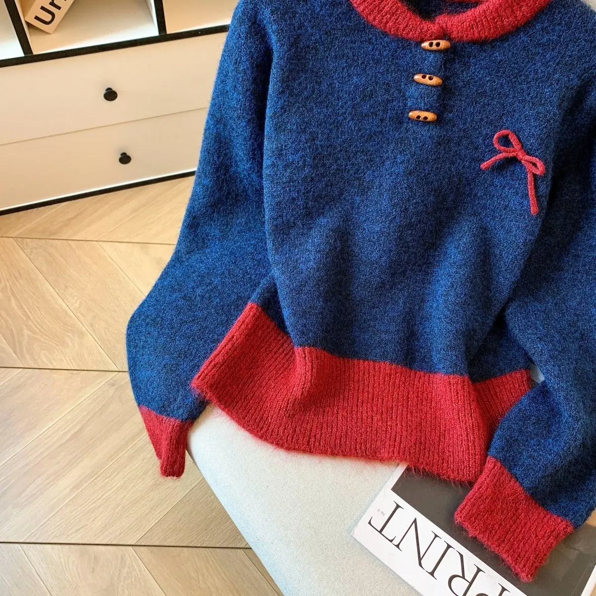 Maglione da donna Maglione lavorato a maglia color block Autunno Inverno Fiocco con bottoni decorativi Pullover girocollo Dolce top corto in maglia