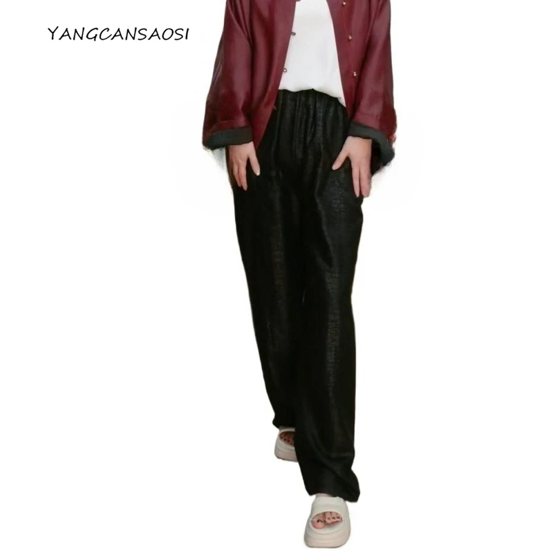 

Cold Sensation 100% Natural Mulberry Silk Gambiered Guangdong Gauze Black Loose Elastic Waist Pocket Straight-leg Pants