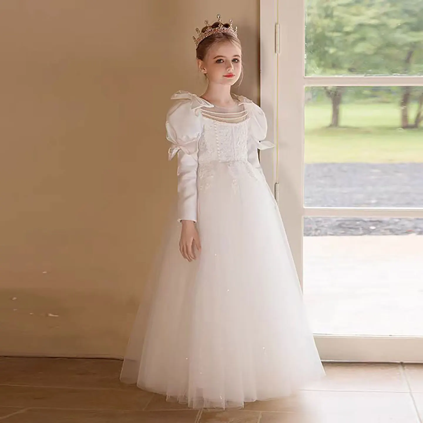 

Dreamy Vow White Elegant Bow Embroidery Long Sleeve Baby Girl Dress Children's Festival Princess Party Short Ball Gown D310