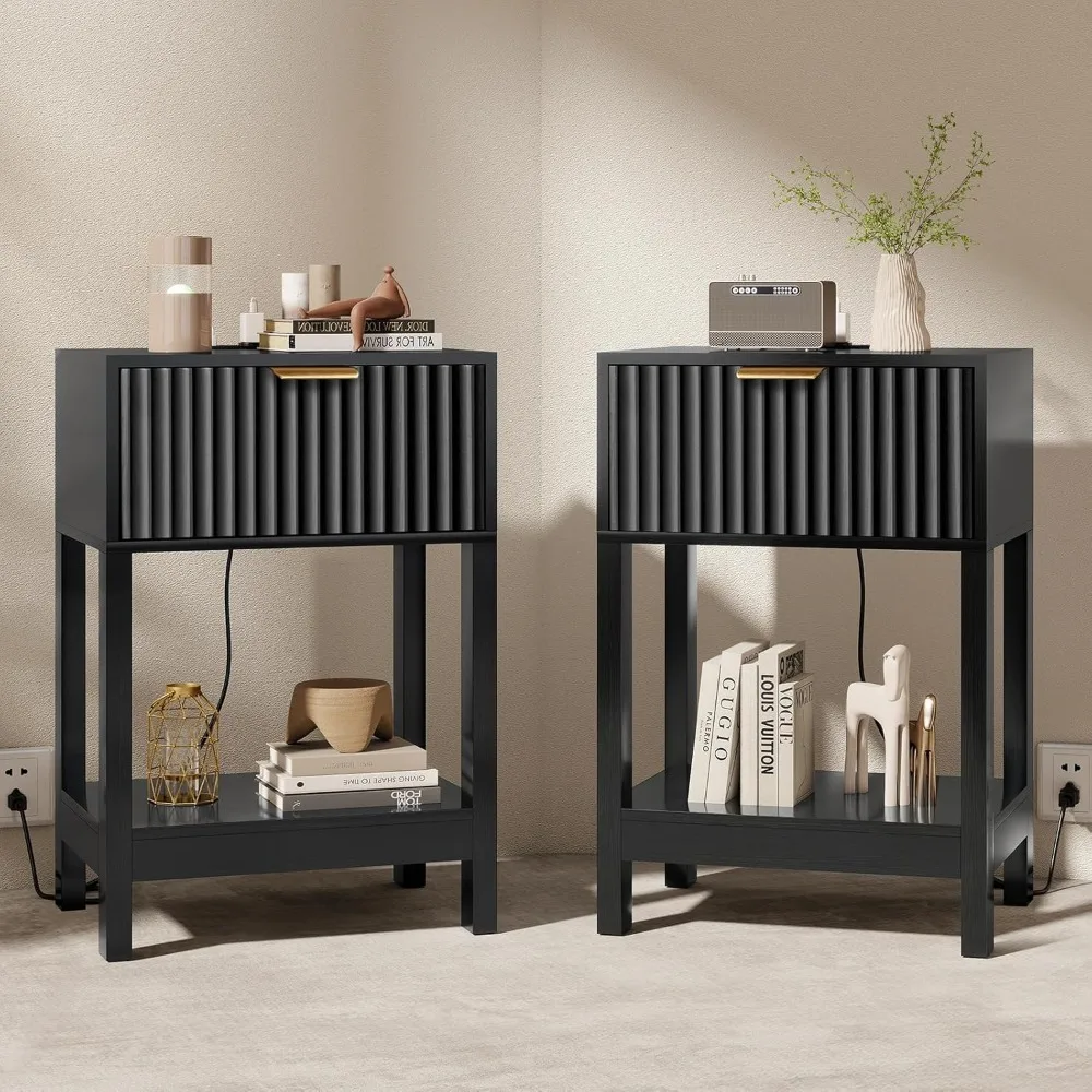 

Night Stand Set of 2, Fluted Nightstand with Charging Station, Wood Bedside Table with Drawer & Storage Shelf,Bedroom End Tables